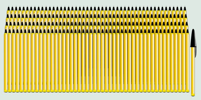 Rows of yellow pens, one in command with black cap.