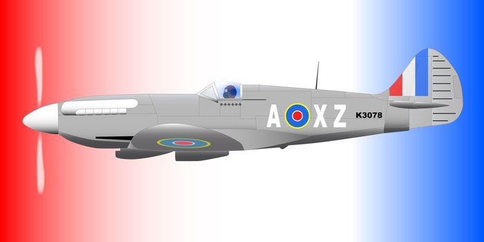 A Supermarine World War II Spitfire Mark XIV fighter plane out on patrol against a patriotic red white and blue background.