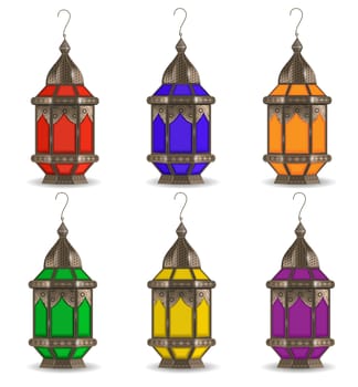 Ramadan Kareem set of multicolored lanterns, isolated on white background. Realistic 3D lamp. illustration