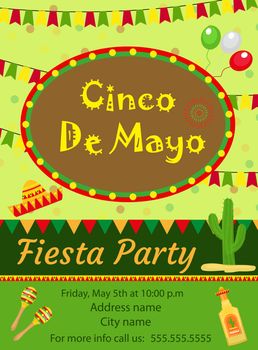 Cinco de Mayo invitation template, flyer. Mexican holiday postcard. illustration