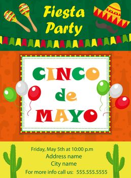 Cinco de Mayo invitation template, flyer. Mexican holiday postcard. illustration