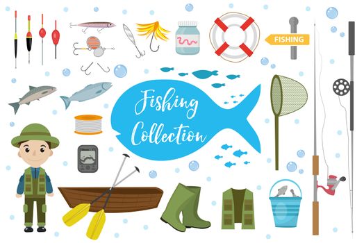 Fishing icon set, flat, cartoon style. Fishery collection objects, design elements, isolated on white background. Fisherman s tools with a fishing rod, tackle, bait, boat. ilustration, clip-art