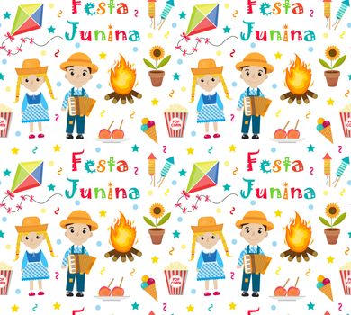 Festa Junina seamless pattern. Brazilian Latin American festival endless background. Repeating texture with traditional symbols. illustration