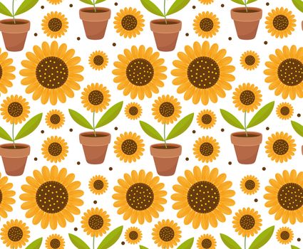 Summer seamless pattern with yellow sunflower flowers. Village endless background, repeating texture. illustration