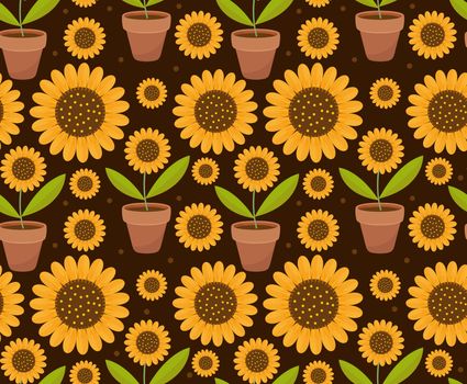 Summer seamless pattern with yellow sunflower flowers. Village endless background, repeating texture. illustration