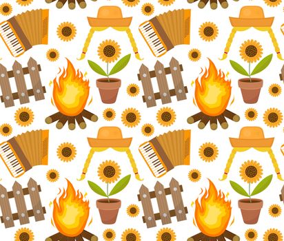 Festa Junina seamless pattern. Brazilian Latin American festival endless background. Repeating texture with traditional symbols. illustration