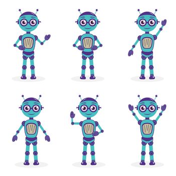 Cartoon mascot robot, robot character. Robot in different poses. Robot mascot logo. illustration