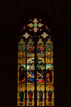 Cologne, Germany - 1 March 2019: Stained glass window of Cologne Cathedral