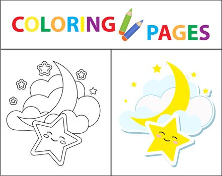 Coloring book page for kids. Moon, stars. Sketch outline and color version. Childrens education. illustration