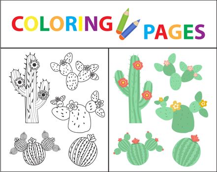 Coloring book page for kids. Set of cactus. Sketch outline and color version. Childrens education. illustration