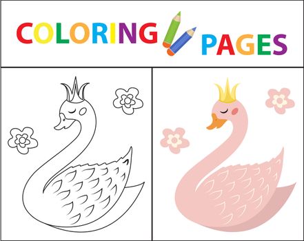 Coloring book page for kids. Cute swan. Sketch outline and color version. Childrens education. illustration