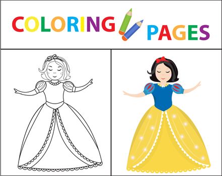 Coloring book page for kids. Snow White little princess. Sketch outline and color version. Childrens education. illustration