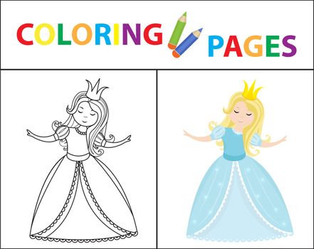 Coloring book page for kids. Cinderella little princess. Sketch outline and color version. Childrens education. illustration
