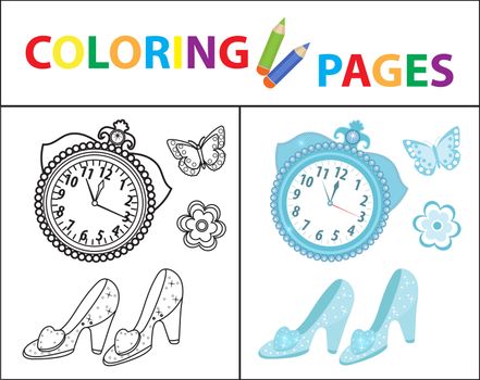 Coloring book page for kids. Cinderella set. Sketch outline and color version. Childrens education. illustration