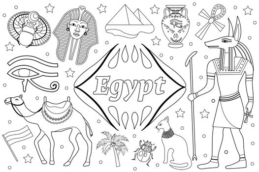 Ancient magic Egypt set objects objects. Coloring book page for kids. Collection design elements witch sorrow beetles, pharaoh, pyramid, ankh, anubis, camel, antique hieroglyp. illustration