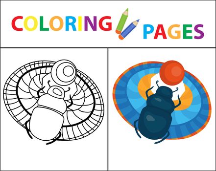 Coloring book page. Scarab beetle. Sketch outline and color version. Coloring for kids. Childrens education. illustration