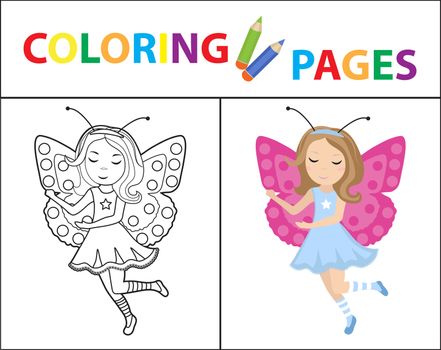 Coloring book page for kids. Girl butterfly carnival costume. Sketch outline and color version. Childrens education. illustration
