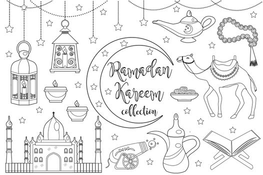 Ramadan kareem icon set sketch outline doodle style. Coloring book page for kids. Collection of arabic design elements with camel, quran, lanterns, rosary, food, mosque. illustration