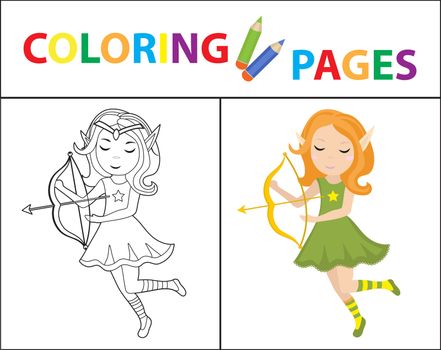 Coloring book page for kids. Forest elf with a bow. Sketch outline and color version. Childrens education. illustration