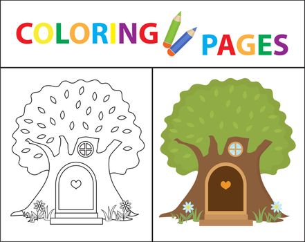 Coloring book page for kids. House in the tree. Sketch outline and color version. Childrens education. illustration