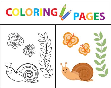 Coloring book page for kids. Snail plant and butterfly. Sketch outline and color version. Childrens education. illustration