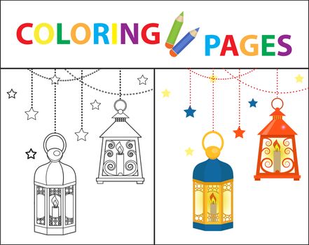 Coloring book page for kids. Ramadan kareem set. Sketch outline and color version. Childrens education. illustration