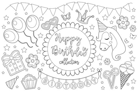 Happy birthday cute coloring book page for kids. Party collection of design elements with balloons, gerland, sweets. Candy and cake. illustration