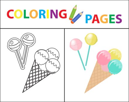 Coloring book page for kids. Ice cream and candy on a stick. Sketch outline and color version. Childrens education. illustration