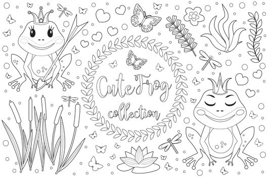 Cute frog princess Coloring book page for kids. Collection of design element with marsh reeds, flowers, plants. Childrens baby clip art funny smiling animals. illustration