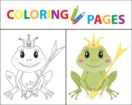 Coloring book page for kids. Frog princess Sketch outline and color version. Childrens education. illustration