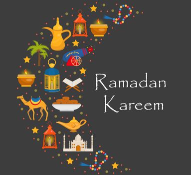 Ramadan kareem greeting card with arabic design elements camel, quran, lanterns, rosary, food, mosque. illustration