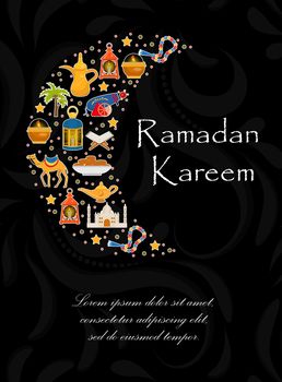 Ramadan kareem greeting card with arabic design elements camel, quran, lanterns, rosary, food, mosque. illustration