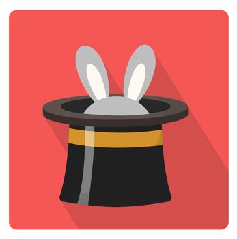 Magician hat with a rabbit icon flat style with long shadows, isolated on white background. illustration