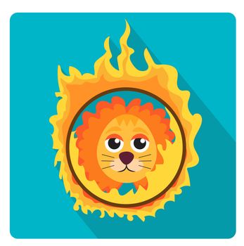 Lion jumping through a ring of fire in the circus icon flat style with long shadows, isolated on white background. illustration