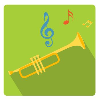 Trumpet musical instrument icon flat style with long shadows, isolated on white background. illustration
