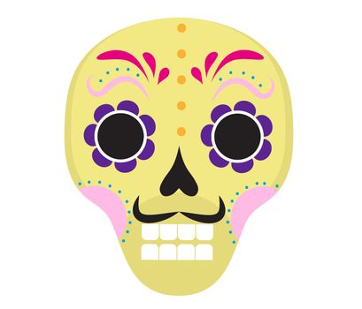 Sugar skull icon, flat, cartoon style. Cute dead head, skeleton for the Day of the Dead in Mexico. Isolated on white background. illustration, clip art