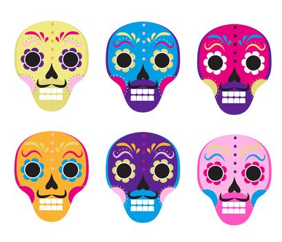 Sugar skull set icon, flat, cartoon style. Cute dead head, skeleton for the Day of the Dead in Mexico. Isolated on white background. illustration, clip art