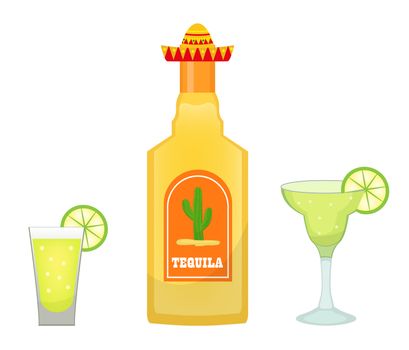 Tequila bottle with glasses and pieces of lime icon flat, cartoon style isolated on white background. illustration, clip art. Traditional Mexican drink