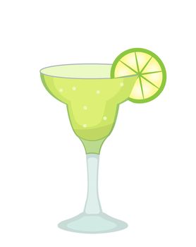 Cocktail glass for Margarita and tequila with lime slice icon flat, cartoon style. Drink isolated on white background. Alcoholic cocktail. illustration