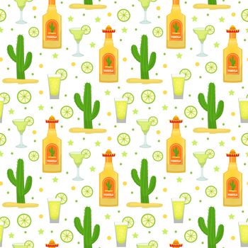 Cinco de Mayo seamless pattern with tequila and cactus. Mexican holiday endless background, texture. illustration