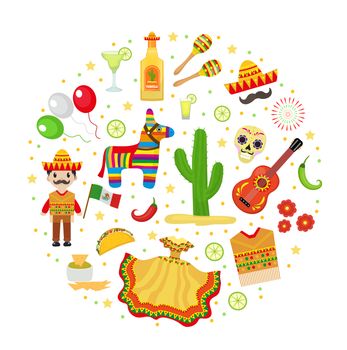 Cinco de Mayo celebration in Mexico, icons set in round shape, design element, flat style. illustration