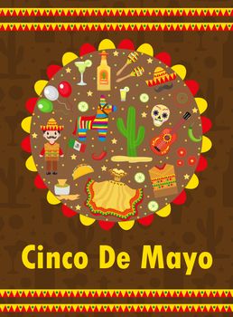 Cinco de Mayo greeting card, template for flyer, poster, invitation. Mexican celebration with traditional symbols. illustration