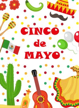 Cinco de Mayo greeting card, template for flyer, poster, invitation. Mexican celebration with traditional symbols. illustration