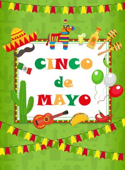 Cinco de Mayo greeting card, template for flyer, poster, invitation. Mexican celebration with traditional symbols. illustration