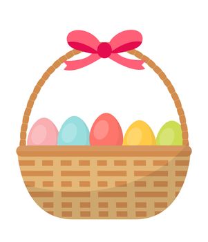 Basket with painted eggs. Easter basket icon, flat style. Isolated on white background. illustration, clip-art
