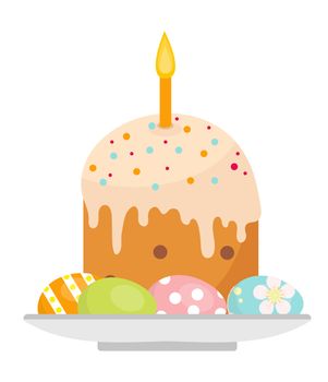 Easter cake with candles on a plate with eggs icon, flat style. Isolated on white background. illustration, clip-art