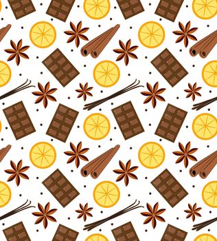 Spices seamless pattern. Mulled wine and chocolate endless background, texture. illustration