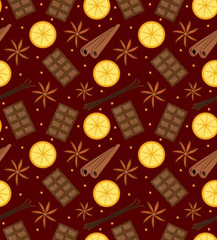 Spices seamless pattern. Mulled wine and chocolate endless background, texture. illustration