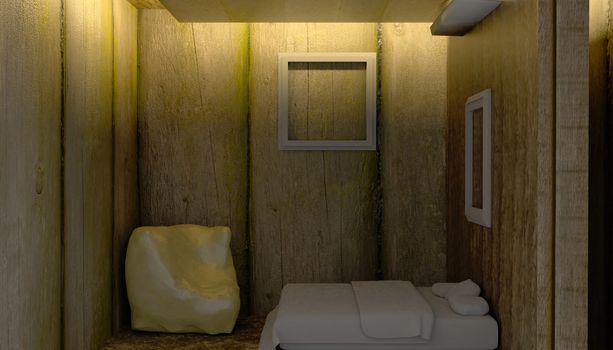 small room 3d render design with wooden wall and warm light