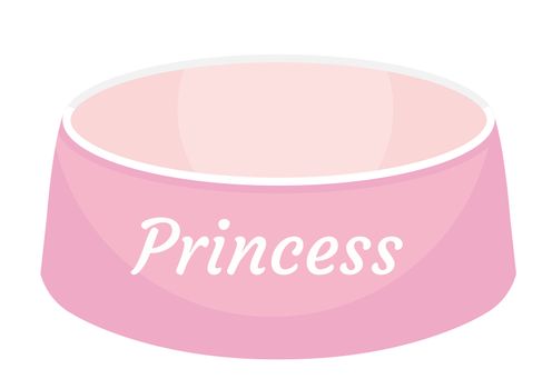 Pink dog food bowl with an inscription Princess icon, flat, cartoon style. Plate for animals. Isolated on white background. illustration, clip-art